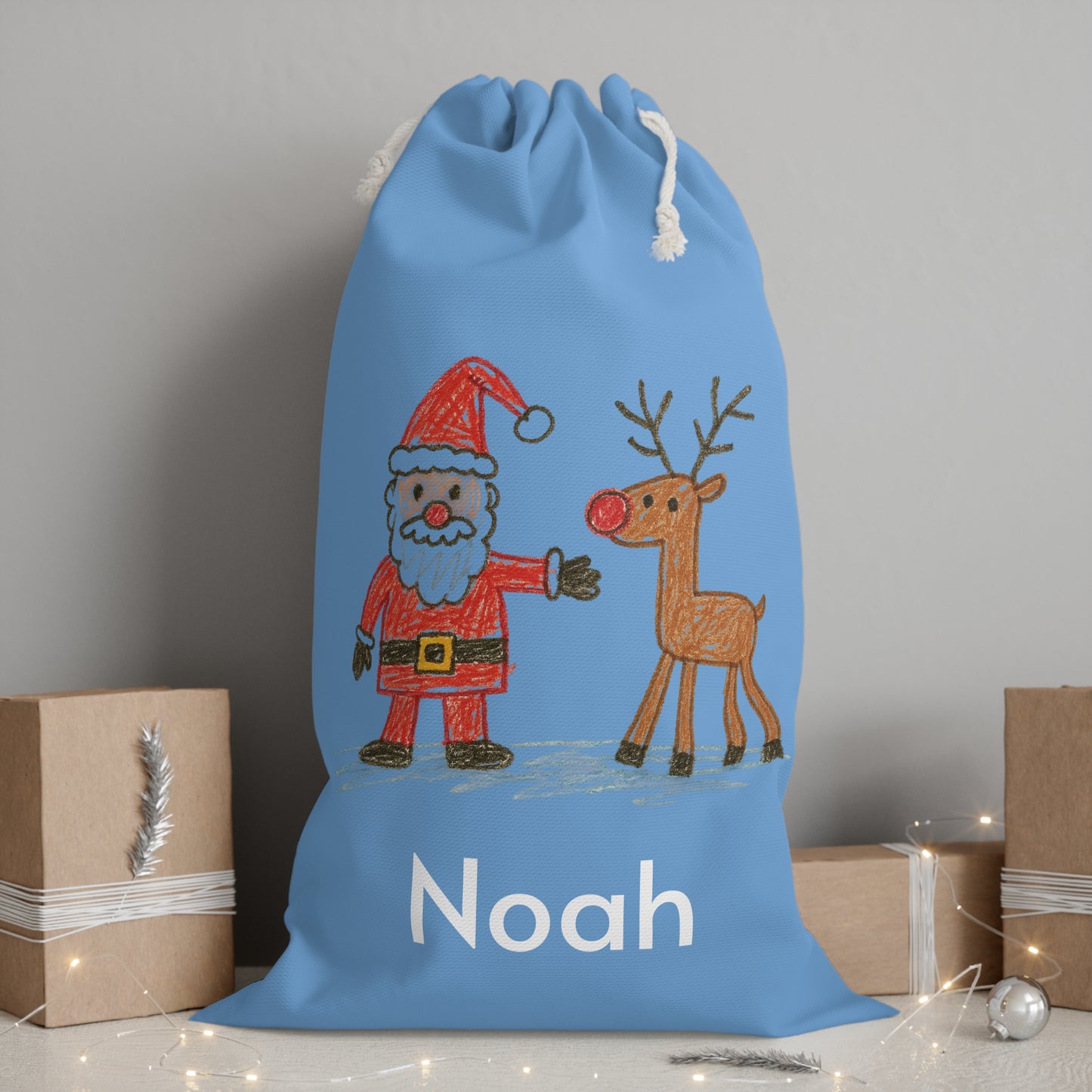 Personalised Children’s Drawing Santa Sack – Custom Kids Artwork & Name Christmas Gift Bag (55 x 85 cm)