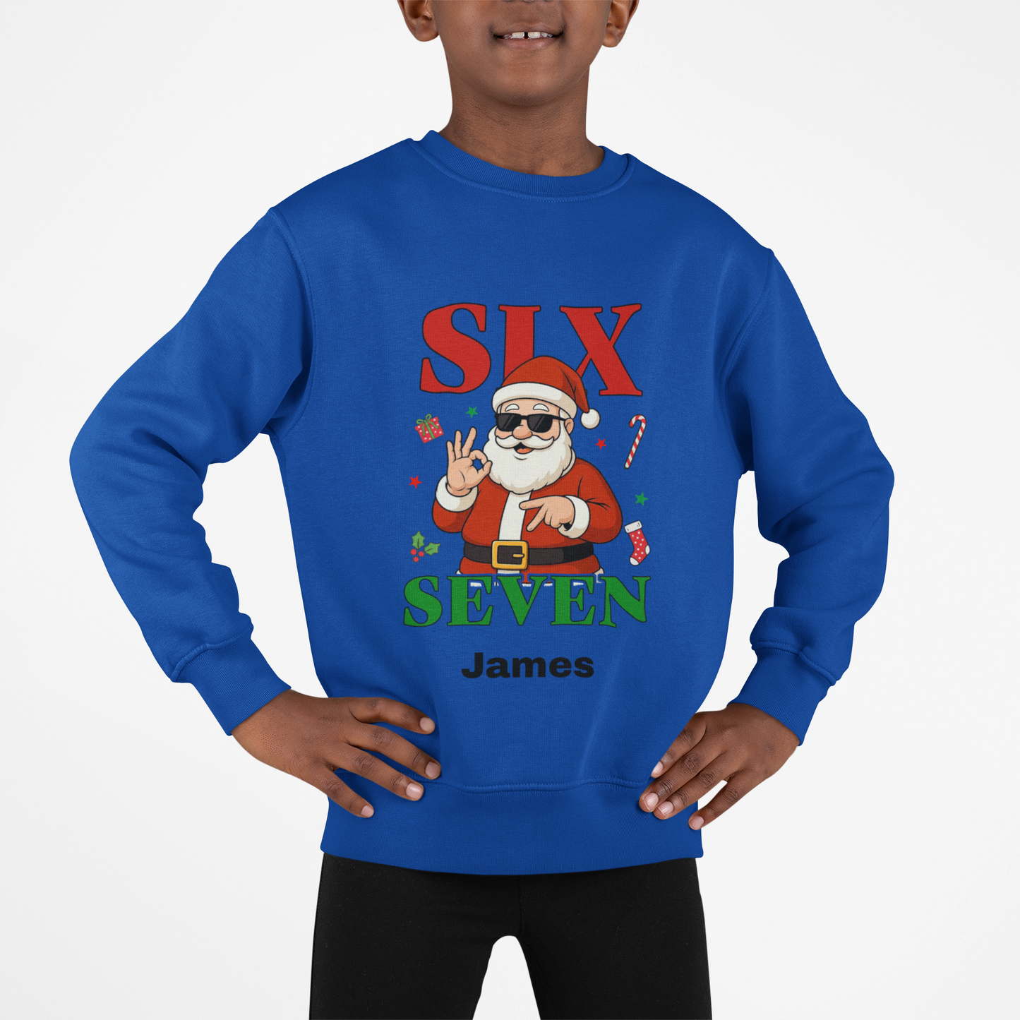 Kids “Six Seven” Christmas Sweatshirt – Trendy Santa Jumper with Name Personalisation (Multiple Colours & Sizes)