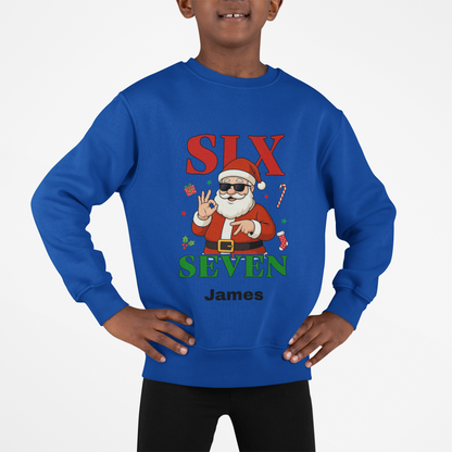 Kids “Six Seven” Christmas Sweatshirt – Trendy Santa Jumper with Name Personalisation (Multiple Colours & Sizes)