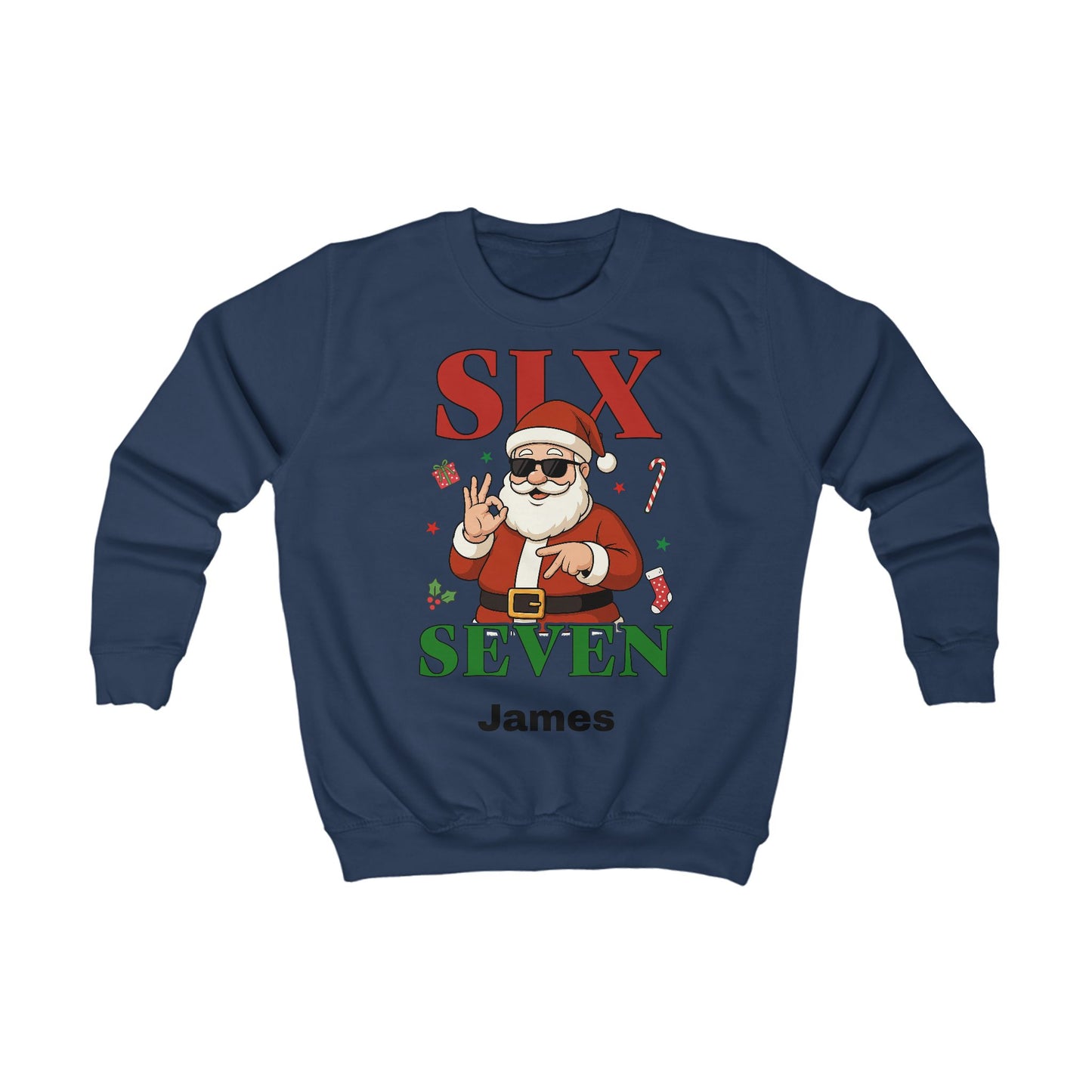 Kids “Six Seven” Christmas Sweatshirt – Trendy Santa Jumper with Name Personalisation (Multiple Colours & Sizes)
