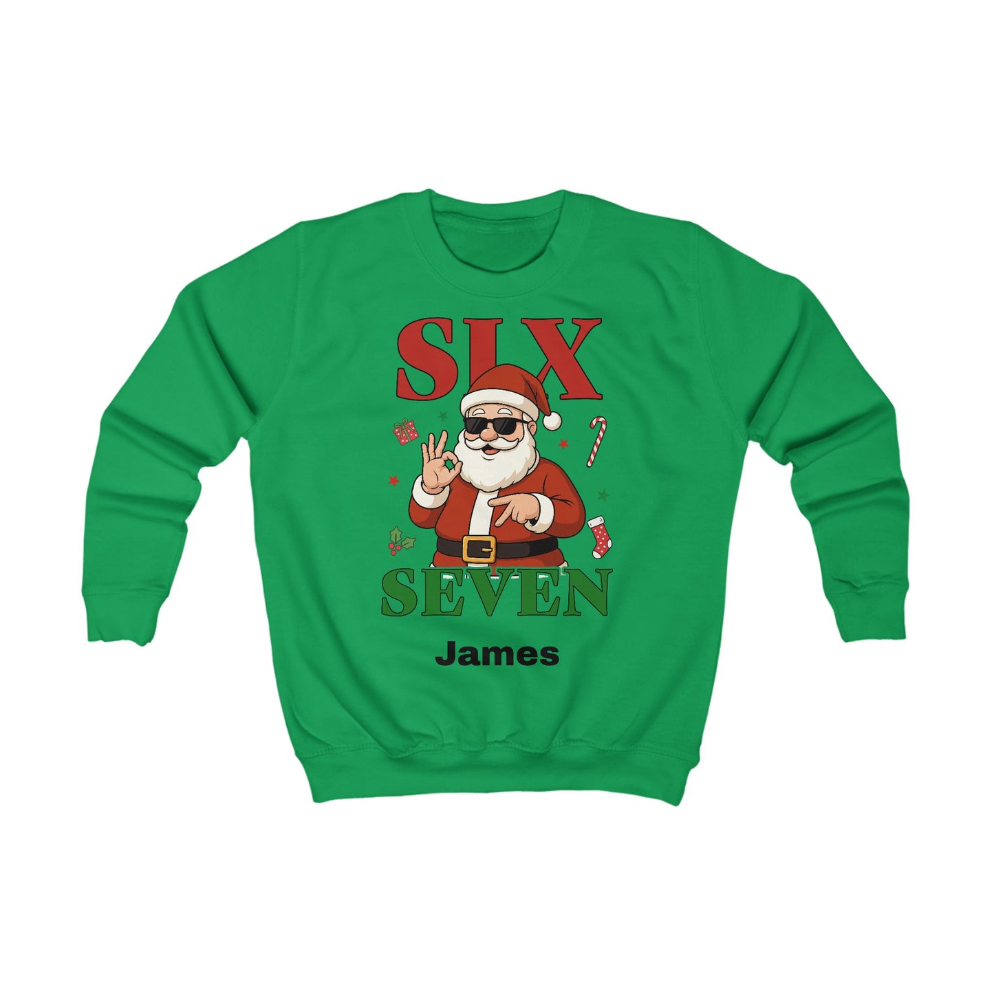Kids “Six Seven” Christmas Sweatshirt – Trendy Santa Jumper with Name Personalisation (Multiple Colours & Sizes)