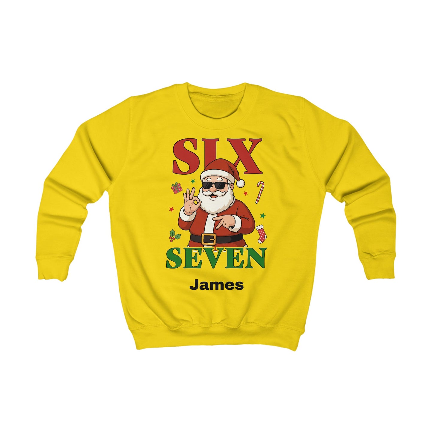 Kids “Six Seven” Christmas Sweatshirt – Trendy Santa Jumper with Name Personalisation (Multiple Colours & Sizes)