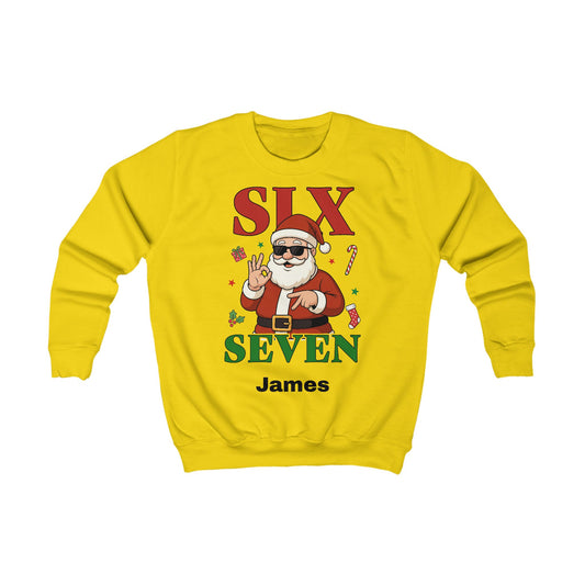 Kids “Six Seven” Christmas Sweatshirt – Trendy Santa Jumper with Name Personalisation (Multiple Colours & Sizes)