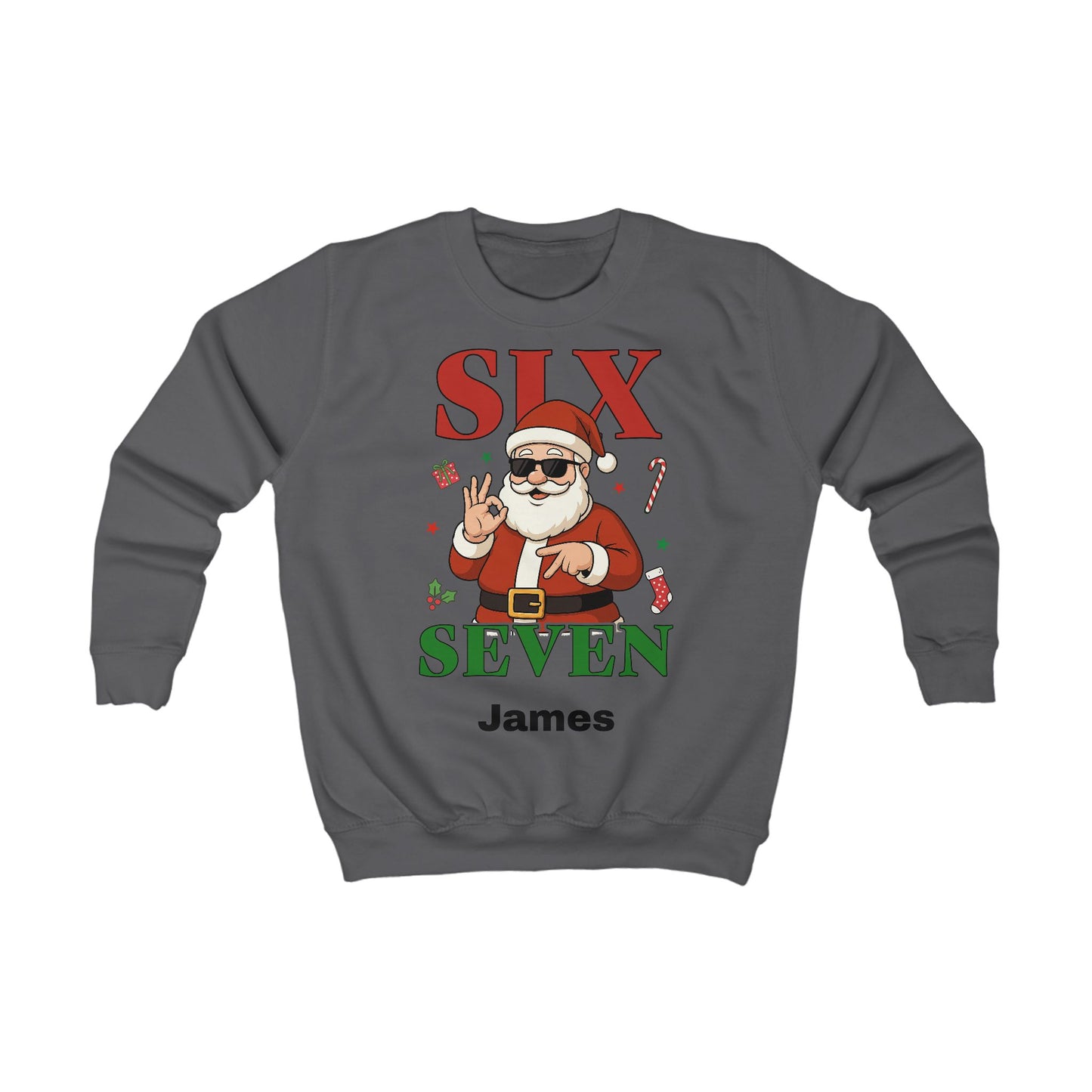 Kids “Six Seven” Christmas Sweatshirt – Trendy Santa Jumper with Name Personalisation (Multiple Colours & Sizes)
