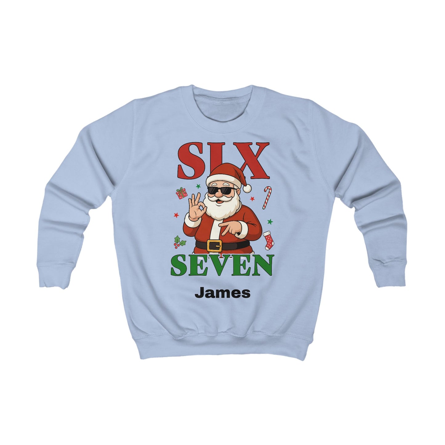 Kids “Six Seven” Christmas Sweatshirt – Trendy Santa Jumper with Name Personalisation (Multiple Colours & Sizes)