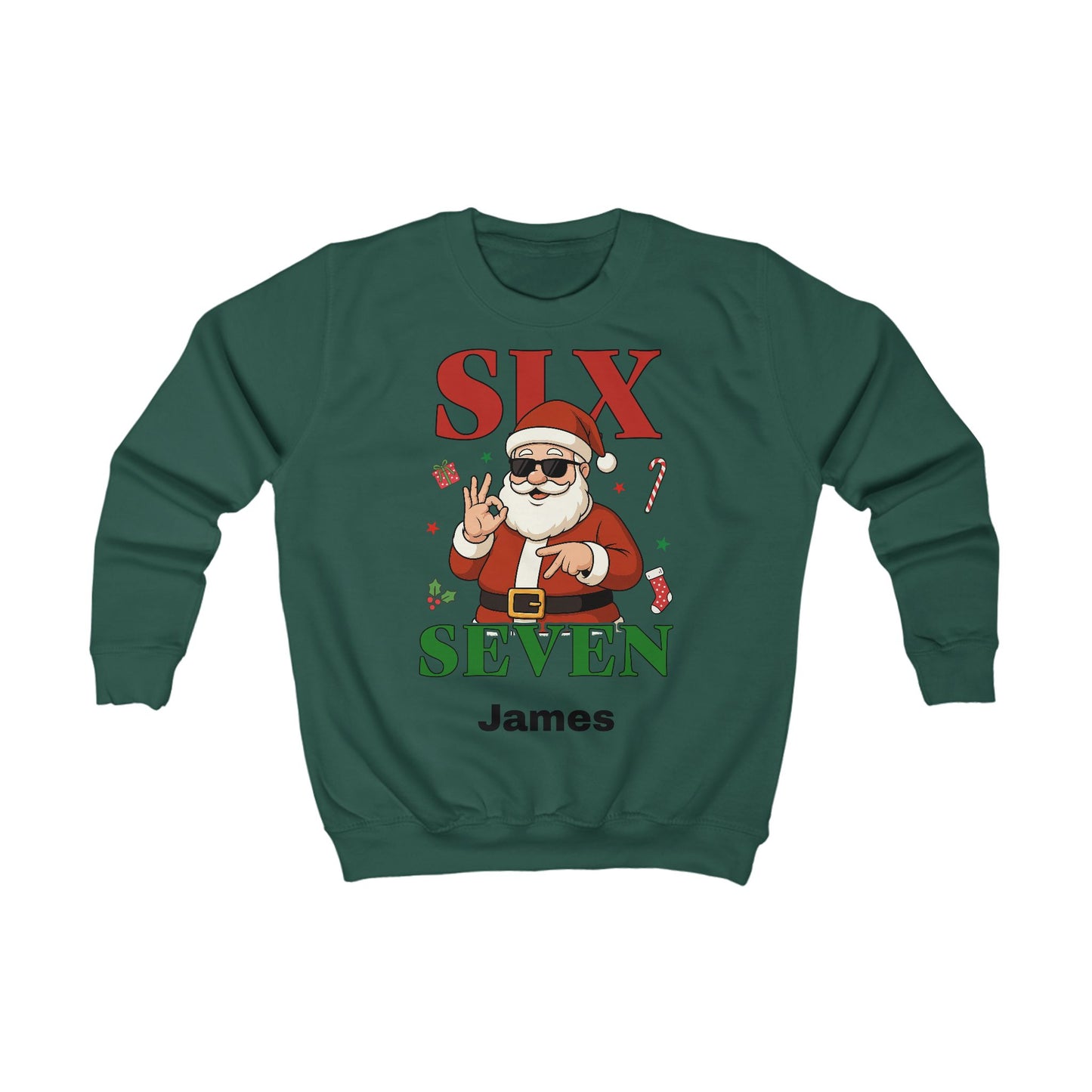 Kids “Six Seven” Christmas Sweatshirt – Trendy Santa Jumper with Name Personalisation (Multiple Colours & Sizes)