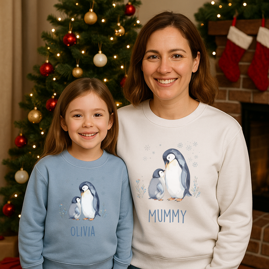 Matching Family Penguin Sweatshirts – Personalised Name Jumpers for Mum & Child | Custom Winter Christmas Sweater Set