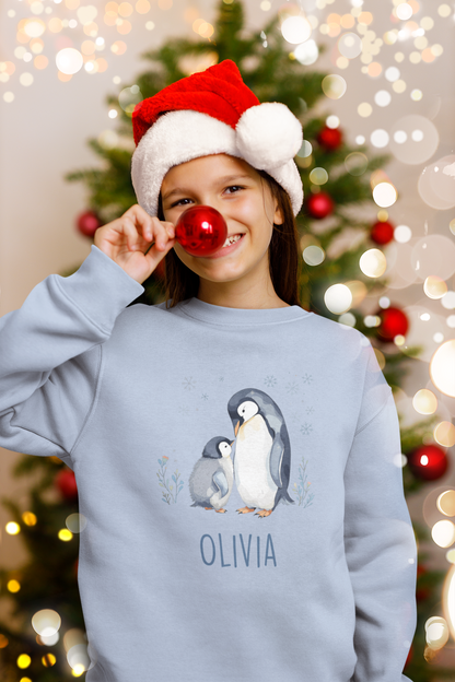 Personalised Penguin Sweatshirt for Kids – Custom Name Winter Jumper | Cute Matching Family Christmas Sweater