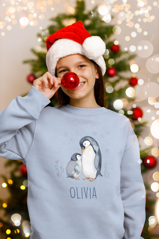 Personalised Penguin Sweatshirt for Kids – Custom Name Winter Jumper | Cute Matching Family Christmas Sweater